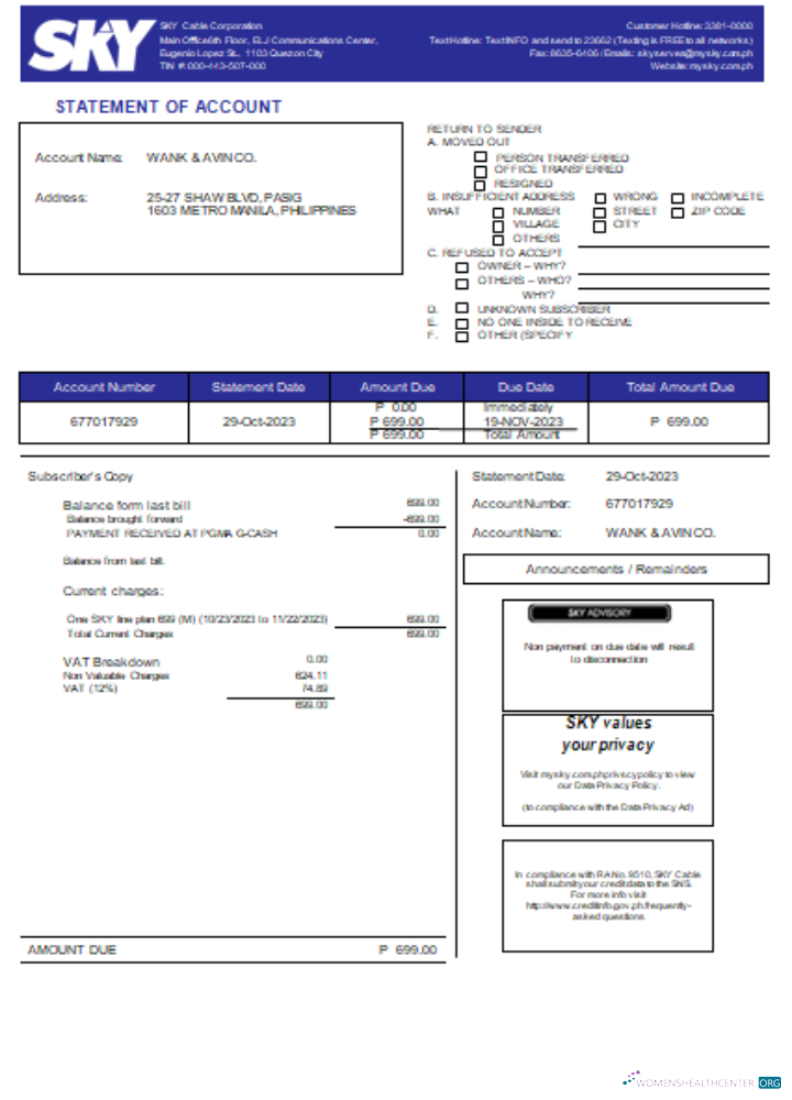 Download Sky Cable Corporation utility business bill, SCR Photoshop template
